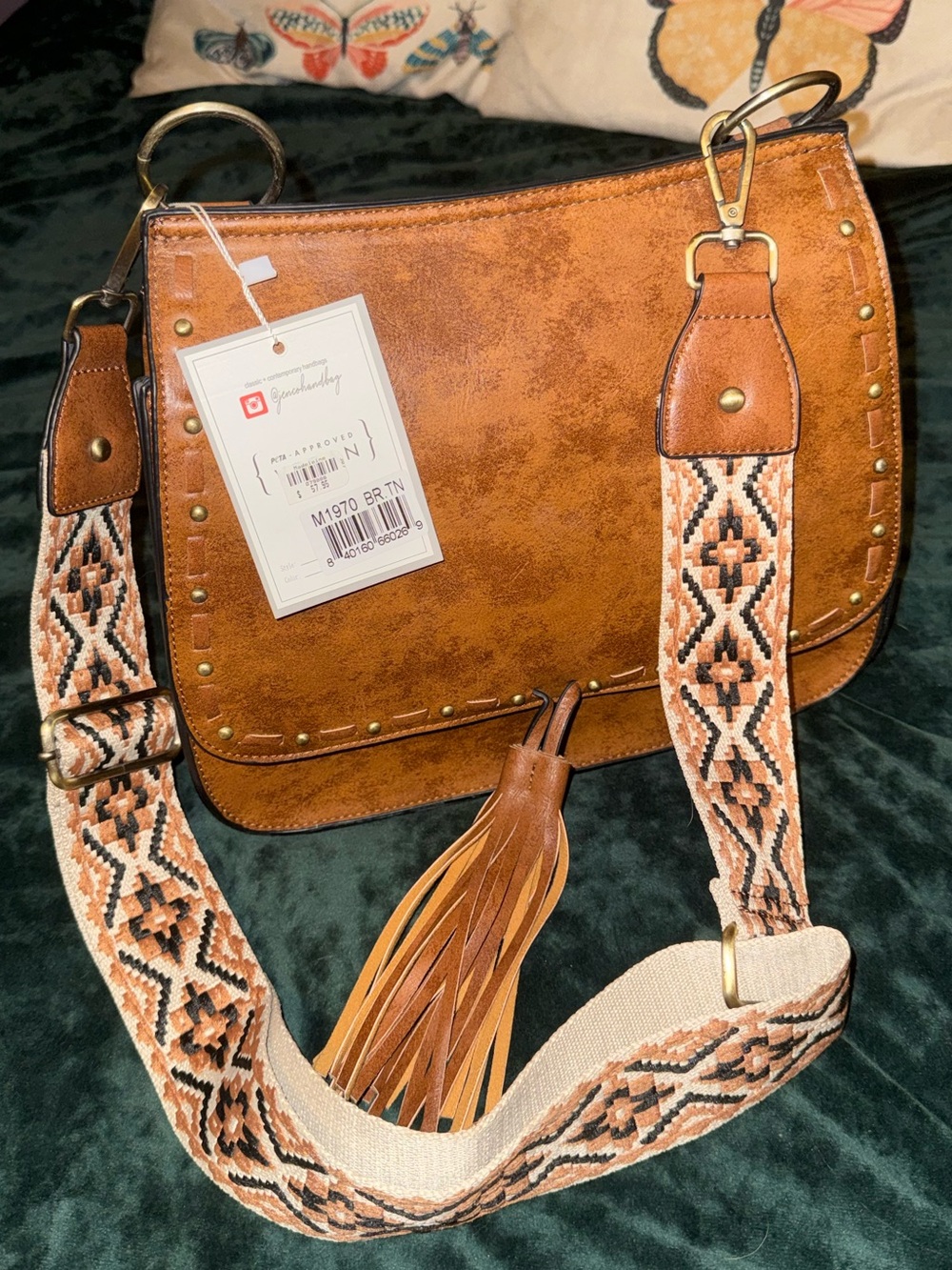 Brown Faux-Leather Saddle Shoulder Bag with Patterned Strap tassel